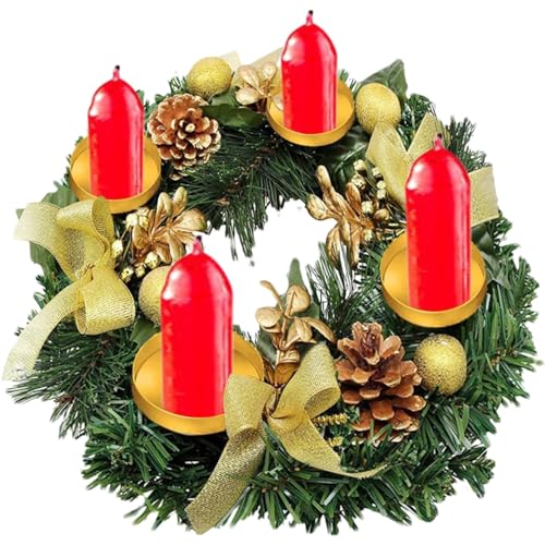EHOTER Künstlich Adventskranz mit 4 Kerzenhalter Kerzenständer Weihnachtskranz Weihnachts Kerzenringe Tannenkranz Adventsgesteck für Zuhause Hochzeit Tischdeko Dekoration Geschenk (Gold) von EHOTER