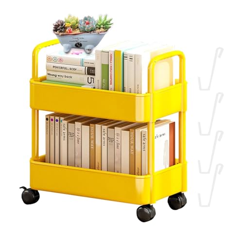 EHOTER Mobiles Bücherregal mit Rad, 2/3/4 Ebenen, bewegliches Bücherregal, Aufbewahrungsregal, Mehrzweck-Rollbuchwagen, Organizer für Zuhause, Schule, Waschküche (2 Ebenen, gelb) von EHOTER