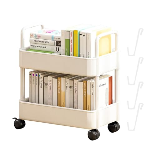 EHOTER Mobiles Bücherregal mit Rad, 2/3/4 Ebenen, bewegliches Bücherregal, Aufbewahrungsregal, Mehrzweck-Rollbuchwagen, Organizer für Zuhause, Schule, Waschküche (2 Ebenen, weiß) von EHOTER