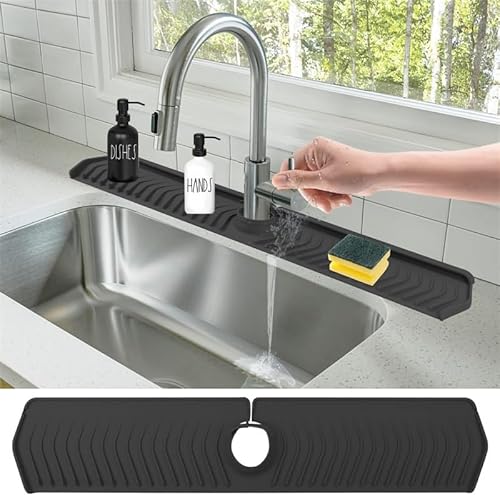 Spritzmatte für Küchenspüle, Silikon-Wasserhahngriff, Tropffänger, Dicke und Neigung, verbesserter Spülbecken-Spritzschutz hinter dem Wasserhahn, Schutzmatte für Küche, 76,2 x 14,5 cm (schwarz) von EHOTER