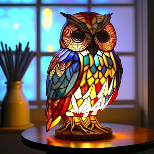 Tier Tischlampen Serie Buntglas Tierform Retro Nachtlicht Vintage Tischleuchte Harz Böhmische Tierlampe Nachttischlampe für Heimdekoration Tierliebhaber (Eule) von EHOTER