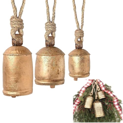 Vintage Weihnachts Bronzene Kuhglocken 3 Stück Riesigen Kuhglocken Weihnachtsbaumglocken im Landhausstil zum Aufhängen Rustikale Glockenkollektion für Zuhause Weihnachten Deko Geschenk von EHOTER