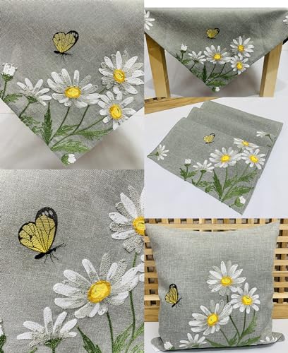 Tischdecke mit Stickmotiv Blumen Tischläufer Tischband Mitteldecke Tisch Frühling Kissen (40x140cm) von EHT