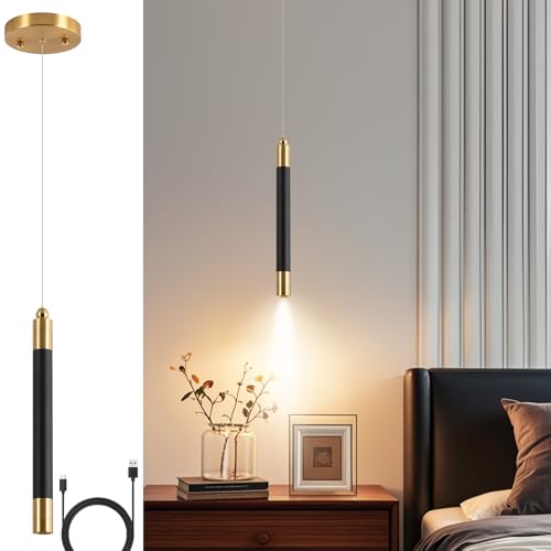 Akku Pendelleuchte Gold/Schwarz LED Hängelampe mit Batterie,7500mAh LED Hängeleuchte Touch Dimmbar 3 Farben,Höhenverstellbar, Zylinder Pendelleuchte Batteriebetriebene für Nachttisch Schlafzimmer von EIDEARAY