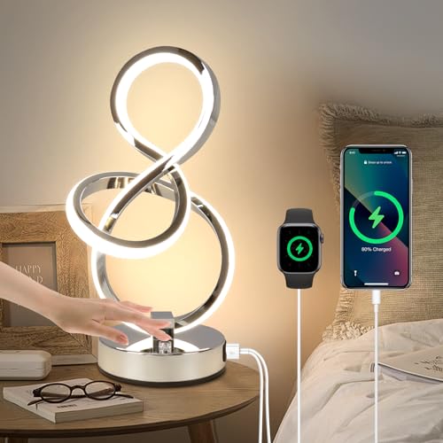 EIDEARAY Nachttischlampe LED,10W Moderne Tischlampe,3 Farbtemperaturen Touch Control stufenlos dimmbare Tischleuchte mit USB-Anschlüssen, für Schlafzimmer Wohnzimmer Büro(Silber) von EIDEARAY