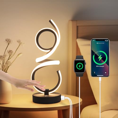 EIDEARAY Nachttischlampe,Moderne Tischlampe,Spiral Design 3 Farbtemperaturen Touch Control Stufenlos Dimmbare Tischleuchte mit USB-Anschlüssen, für Schlafzimmer Wohnzimmer Büro(Schwarz) von EIDEARAY