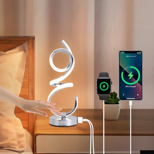 EIDEARAY Nachttischlampe,Moderne Tischlampe,Spiral Design 3 Farbtemperaturen Touch Control Stufenlos Dimmbare Tischleuchte mit USB-Anschlüssen, für Schlafzimmer Wohnzimmer Büro(Silber) von EIDEARAY