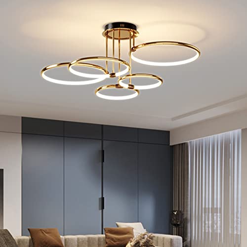 LED Deckenleuchte Modern Design Deckenlampen Gold 5-Ring Lampen Dimmbar Wohnzimmerlampe mit Fernbedienung, Aluminium Led Beleuchtung für Wohnzimmer Schlafzimmer Küche Esszimmer Büro 93cm, 108W… von EIDEARAY