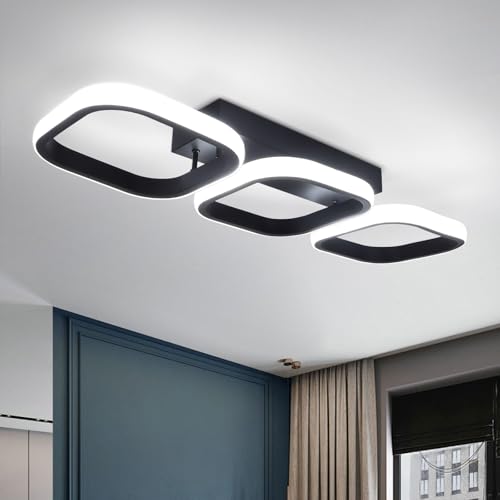 EISIUNY Deckenlampe LED Deckenleuchte 33W 52CM Schwarz Modern Wohnzimmerlampe Küchenlampe 3-Quadratisch Flurlampe Schlafzimmerlampe Deckenbeleuchtung für Küche Büro Schlafzimmer Flur, Kaltweißes Licht von EIDISUNY