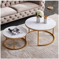 Eifson - 2er-Set Runder Couchtische, Metallrahmen, Marmoreffekt, 80x80x45 cm + 60x60x35 cm - Weiß + Gold von EIFSON