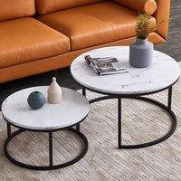 2er-Set Runder Couchtische, Metallrahmen, Marmormuster, 80x80x45 cm + 60x60x5 cm - Weiß + Schwarz von EIFSON