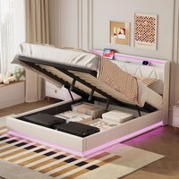 Bett mit Stauraum 160x200 cm – Design mit Rautensteppung – LED – USB-Ladesystem – Samt – Lattenrost – modernes Doppelbett – Weiß Bett mit Stauraum 160x200 cm – Design mit Rautensteppung – LED – USB-Ladesystem – Samt – Lattenrost – modernes Doppelbett – Weiß von EIFSON