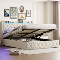 Doppel-Stauraumbett 140x190 cm - mit LED-Beleuchtung - USB + Type-C Ladefunktion - Samtmaterial - Lattenrost - geeignet für Erwachsene und von EIFSON