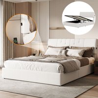 Doppelbett 140x190 cm - Teddy Samtmaterial - mit Hydraulik-Stauraum - USB-Ladeanschluss - Lattenrost - Erwachsenenbett - mit gepolstertem Kopfteil von EIFSON