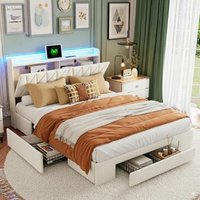 Doppelbett 140x190 cm - mit 3 Schubladen - LED-Beleuchtung - USB- und Type-C-Anschlüssen - Stoffbezug - Samtmaterial - Lattenrost - Erwachsenen- und Doppelbett 140x190 cm - mit 3 Schubladen - LED-Beleuchtung - USB- und Type-C-Anschlüssen - Stoffbezug - Samtmaterial - Lattenrost - Erwachsenen- und von EIFSON