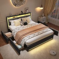 Doppelbett 140x190 cm - mit LED-Beleuchtung - USB-Ladeanschluss - 4 Stauraumschubladen - Leinenstoff - modernes Design - für Erwachsene und Doppelbett 140x190 cm - mit LED-Beleuchtung - USB-Ladeanschluss - 4 Stauraumschubladen - Leinenstoff - modernes Design - für Erwachsene und von EIFSON