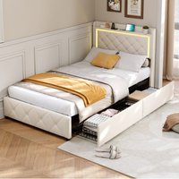 Doppelbett 140x190 cm - mit Schubladen - LED-Beleuchtung - USB + Type-C Ladefunktion - Samtmaterial - Lattenrost - Erwachsenen Polsterbett - Beige Doppelbett 140x190 cm - mit Schubladen - LED-Beleuchtung - USB + Type-C Ladefunktion - Samtmaterial - Lattenrost - Erwachsenen Polsterbett - Beige von EIFSON