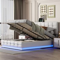 Doppelbett 140x190 cm – mit Stauraum – LED – hydraulischer Hebemechanismus – Lattenrost – Metallrahmen – PU – für Erwachsene und Jugendliche – Weiß von EIFSON