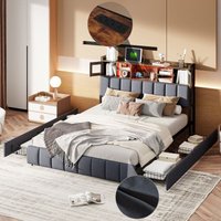 Doppelbett 140x200 cm – mit LED-Beleuchtung – mit vier Schubladen – offene Fächer – USB-Ladefunktion – Lattenrost – Schwarzgrau Doppelbett 140x200 cm – mit LED-Beleuchtung – mit vier Schubladen – offene Fächer – USB-Ladefunktion – Lattenrost – Schwarzgrau von EIFSON