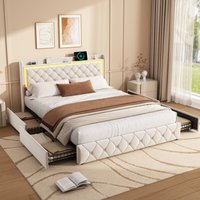 Doppelbett 160x200 cm - mit Schubladen - LED-Beleuchtung - USB + Type-C Ladefunktion - Samtmaterial - Lattenrost - Erwachsenen Polsterbett - Beige Doppelbett 160x200 cm - mit Schubladen - LED-Beleuchtung - USB + Type-C Ladefunktion - Samtmaterial - Lattenrost - Erwachsenen Polsterbett - Beige von EIFSON