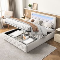 Doppelbett Polsterbett 140x200 cm, hydraulisches Boxspringbett mit steuerbarer LED-Beleuchtung, Knopfverzierung, Stauraum, Lattenrost, Samt – Apricot von EIFSON