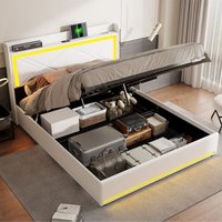 Doppelbett Polsterbett 140x200 cm, hydraulisches Boxspringbett mit verstellbarer LED-Beleuchtung, USB-Ladefunktion, pu, ​​Stauraum – Weiß von EIFSON