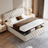 Doppeltes Polsterbett 140x200 cm, hydraulisches Boxspringbett mit gewelltem Kopfteil, Knopfverzierung, Lattenrost, Metallrahmen, pu – Beige von EIFSON