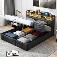 Doppeltes Polsterbett 160x200 cm, hydraulisches Boxspringbett mit LED-Aufbewahrungskopfteil, USB-Ladefunktion, pu, ​​Lattenrost, Metallrahmen – von EIFSON