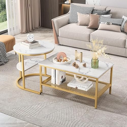 EIFSON 2er Set Couchtisch,Beistelltisch Marmor Optik mit Metallrahmen & Ablage,RundKaffeetisch und Rechteck Wohnzimmertisch,Sofatisch,Für Wohnzimmer,Schlafzimmer(Weiß+Gold) von EIFSON
