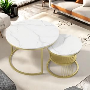 EIFSON 2er Set Couchtisch rund,Beistelltisch Marmor Optik,Moderne Kaffeetisch,Wohnzimmertisch,Sofatisch,für Wohnzimmer, Schlafzimmer(Weiß+Gold) von EIFSON