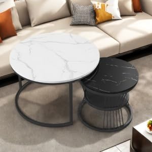 EIFSON 2er Set Couchtisch rund,Beistelltisch Marmor Optik,Moderne Kaffeetisch,Wohnzimmertisch,Sofatisch,für Wohnzimmer, Schlafzimmer(Weiß+Schwarz) von EIFSON