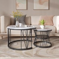 Eifson - 2er-Set runder Satz-Couchtische, Metallstruktur, Marmorfurnier, moderner Couchtisch, 70x70x45 cm, 45x45x40 cm - Schwarze Struktur + Weiße von EIFSON
