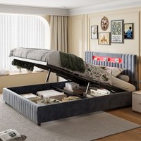 Doppeltes Polsterbett 140x200 cm, hydraulisches Boxspringbett mit verstellbarer LED-Lichtleiste, Samt, Aufbewahrungsfunktion, Lattenrost, von EIFSON