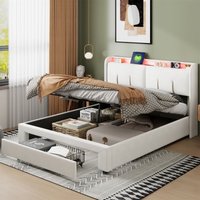 Doppeltes Polsterbett 160x200 cm, hydraulisches Boxspringbett mit LED-Kopfteil, verstecktem Stauraum, usb- und Typ-C-Aufladung, Schubladen, Samt, von EIFSON