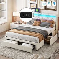 Polsterbett 140x200 cm, Nachttische mit LED-Beleuchtung, USB-Ladefunktion, 4 Eisenschubladen, Nachttische in Rautenform, Nietenverzierung, Lattenrost Polsterbett 140x200 cm, Nachttische mit LED-Beleuchtung, USB-Ladefunktion, 4 Eisenschubladen, Nachttische in Rautenform, Nietenverzierung, Lattenrost von EIFSON