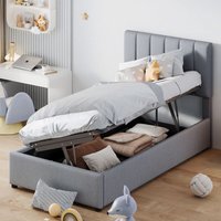 Polsterbett 90x200 cm, hydraulisches Boxspringbett mit vertikal gestreiftem Kopfteil, Stauraum, Lattenrost, Metallstruktur, Leinen – Grau von EIFSON