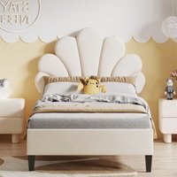 Polsterbett Einzelbett 90x200 cm, mit floralem Kopfteil, Lattenrost, Samtstoff, für Kinder, Jugendliche - Beige von EIFSON