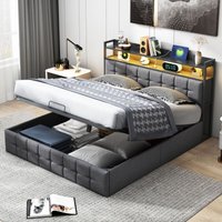 Stauraumbett 140x190 cm - mit LED-Beleuchtung - USB-Anschluss - Stauraumfächern - Hydrauliksystem - Leinenmaterial - Lattenrost - Grau von EIFSON