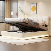 Stauraumbett 140x190 cm - mit Wolkenkopfteil - LED-Beleuchtung unter dem Bett - weiches Samtmaterial - Lattenrost - Polster-Hydraulikbett - Beige von EIFSON