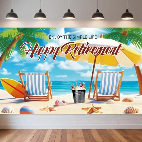 Strand-Themen-Ruhestand-Banner, tropisches Banner mit Aufschrift "Happy Retirement", Hintergrund für Frauen, Männer, Strandabschied, Ruhestand, Partyzubehör, Dekorationen Strand-Themen-Ruhestand-Banner, tropisches Banner mit Aufschrift "Happy Retirement", Hintergrund für Frauen, Männer, Strandabschied, Ruhestand, Partyzubehör, Dekorationen von EIGHTSTATES