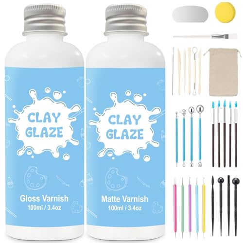 2 x 100ml air dry clay glaze und 30pcs modellierwerkzeug,ton glasur ohne brennen Schützt die Keramik vor Oberflächenverschleiß und kann zum Stippeln,Schnitzen,Gießen verwendet werden (Glanz und Matt) von EIGTWEN