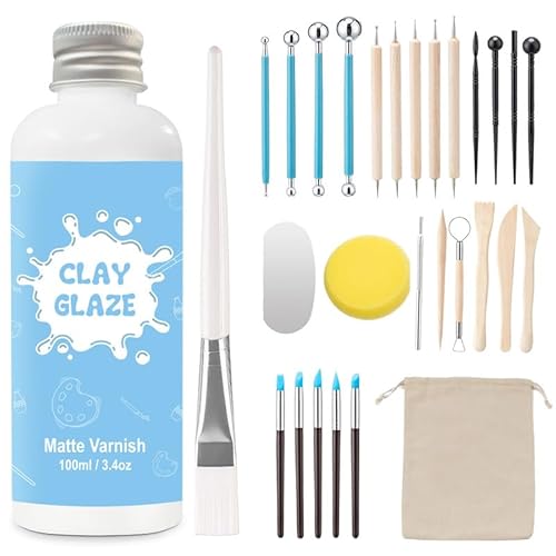 100ml air dry clay glaze und 29pcs modellierwerkzeug Werkzeug, ton glasur ohne brennen Schützt die Keramik vor Oberflächenverschleiß und kann zum Stippeln, Schnitzen, Gießen verwendet werden (Matt) von EIGTWEN