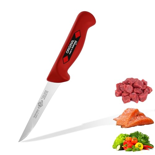 EIKASO Solingen Ausbeinmesser gerade 13cm Klinge steif aus Molybdänstahl 1.4116 Profi Fleischmesser Filetiermesser Schlachtermesser handabgezogen und eisgehärtet spülmaschinengeeignet (rot) von EIKASO