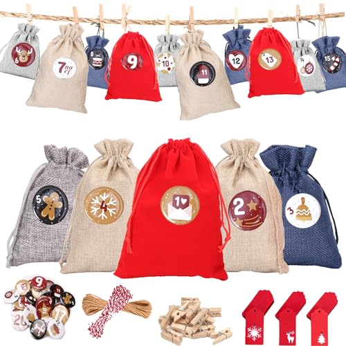 EIKEJI Adventskalender zum Befüllen Groß, 24 Weihnachtskalender Stoffsäckchen Selber Befüllen 20x15CM, Adventskalender 2023 Kinder zum Befüllen Beutel Stoff Natur, Geschenkkarten, Zahlen Buttons von EIKEJI