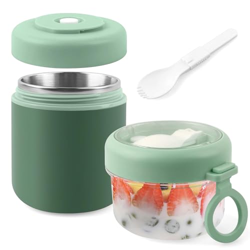 Edelstahl Müslibecher to Go 530ml+330ml, 2er set Joghurtbecher to Go Kinder mit Löffel, Edelstahl Innenwand Thermobecher Essen, Müslibecher Müslidose Müslischale Frühstücksdos von EIMZU