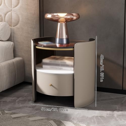 Nachtkästchen Einfache runde Kommode aus massivem Holz, Nachttisch Sattelleder, Leichter Italienischer Luxus-Nachtschrank von EINES