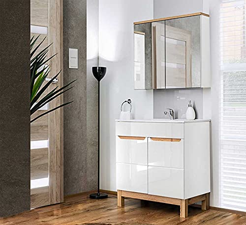 EINFACH GUTE MÖBEL Badmöbel Badset Kalli 2-teilig 80cm | Stand-Waschplatz & Spiegelschrank | weiß-Eiche von EINFACH GUTE MÖBEL