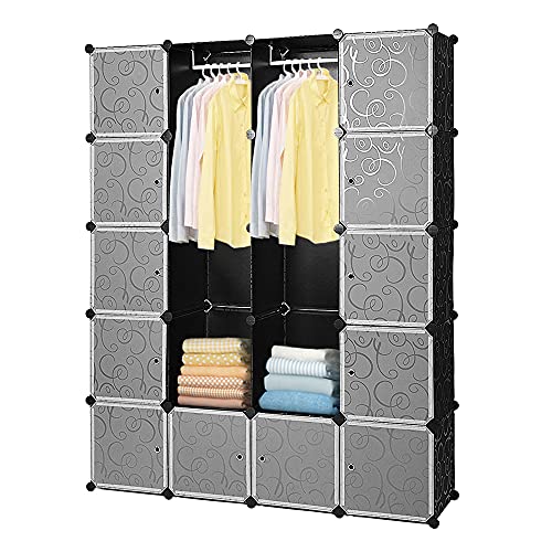 Einfeben Garderobe Kleiderschrank, 20 Würfel DIY Regalsystem Kleiderschrank Offen Kunststoff Garderobe mit Türen Garderobenschrank Schwarz 180 x 142 x 37CM von Einfeben