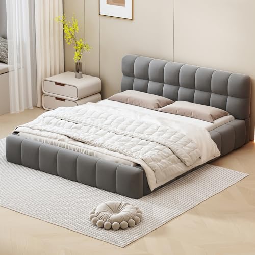 EINHOM Bett 140x190 cm, Polsterbett mit Weicher Rückenlehne, Doppelbett mit Polsterumrandung, Jugendbett, Bett mit Lattenrost, Leinen, Ohne Matratze, Grau von EINHOM