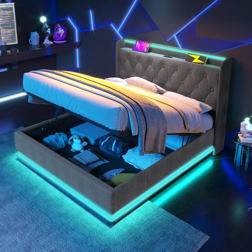 EINHOM Bett 140x200 cm, Polsterbett mit 360-Surround-LED-Funktion, Doppelbett mit Hydraulische Speicherfunktion, Gepolstertes Kopfteil mit USB-Typ-C Ladefunktion, Leinen-Material, Ohne Matratze, Grau von EINHOM